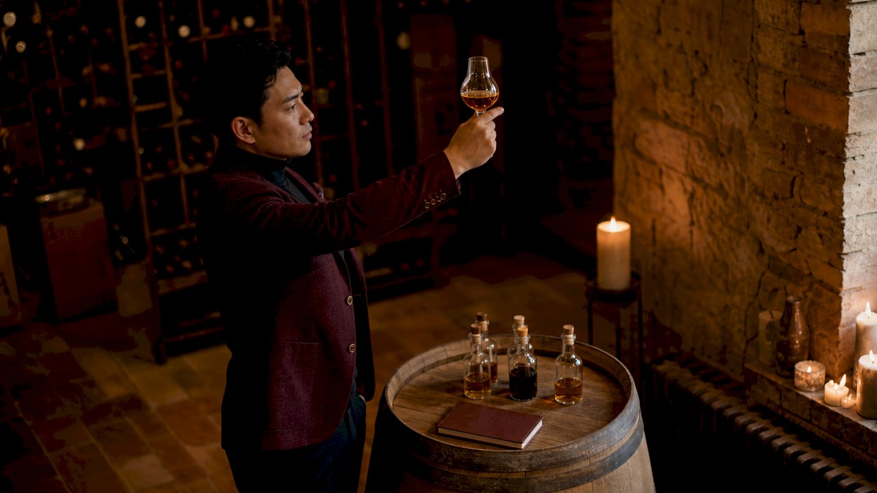 Un sommelier examine attentivement la robe d’un spiritueux artisanal dans son verre, à la recherche de ses subtilités.