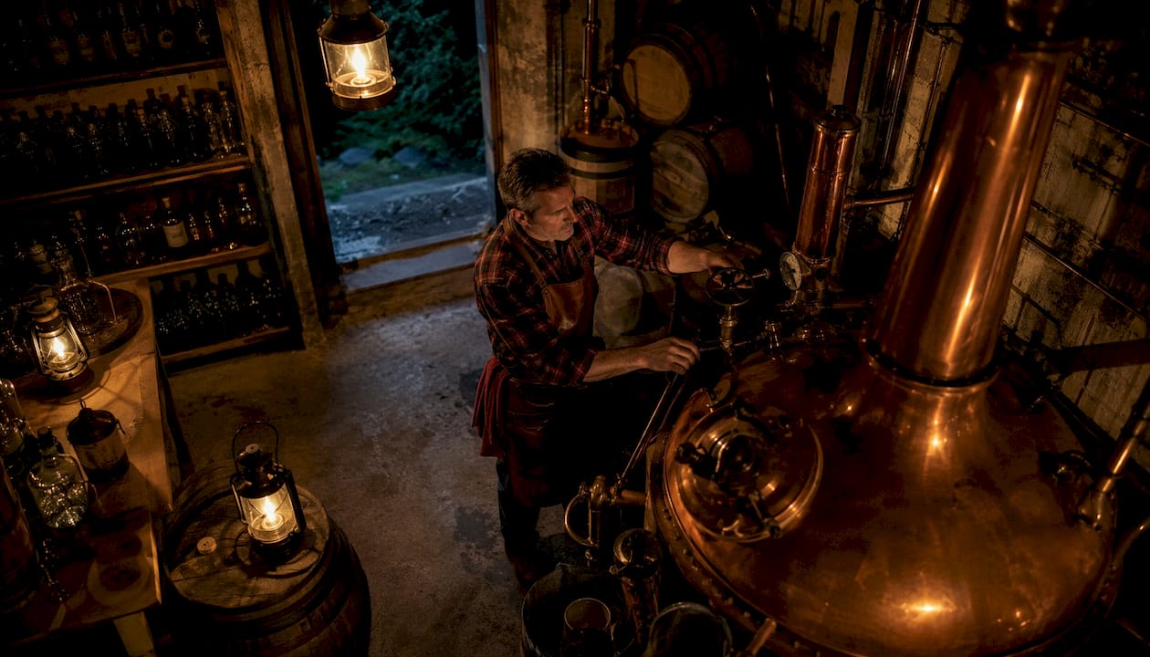 Un maître distillateur belge en plein réglage de son alambic en cuivre.