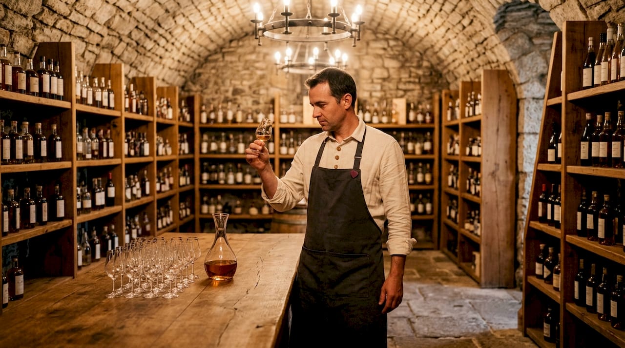 Un sommelier expert en spiritueux haut de gamme, en pleine dégustation dans une cave authentique.