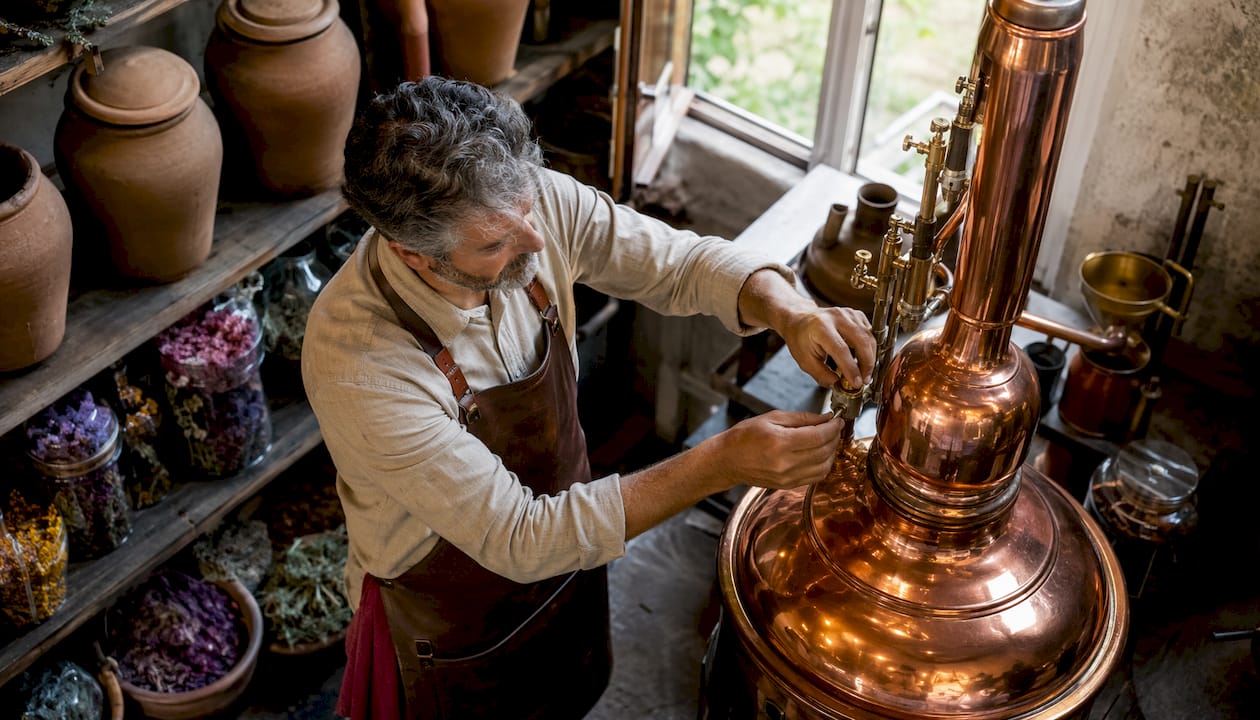 Un maître distillateur règle minutieusement son alambic en cuivre artisanal.