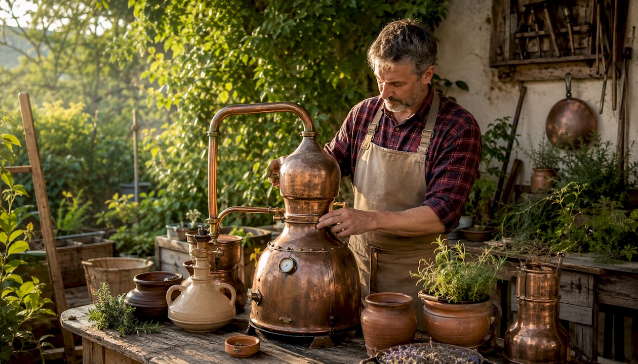 Un artisan distillateur à l’œuvre dans son atelier traditionnel en pierre