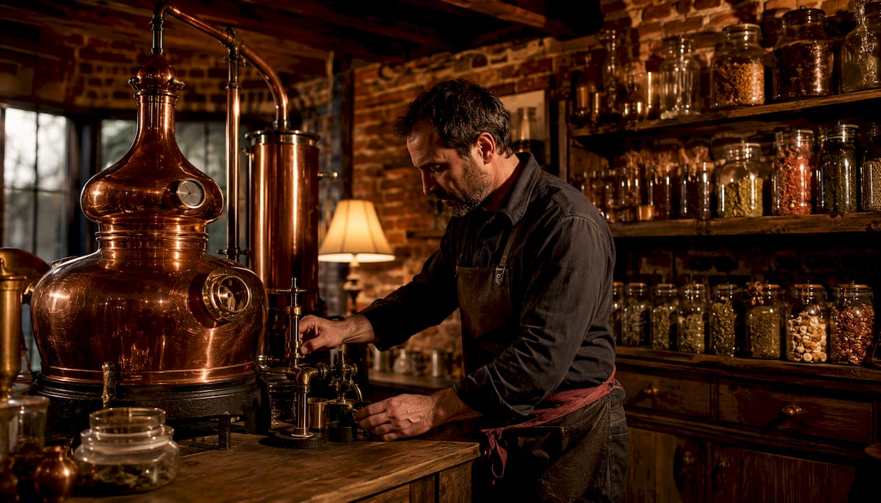 Dans l’atelier, un artisan s’affaire à peaufiner les derniers réglages d’un alambic en cuivre, veillant à chaque détail avec le savoir-faire des métiers d’art.