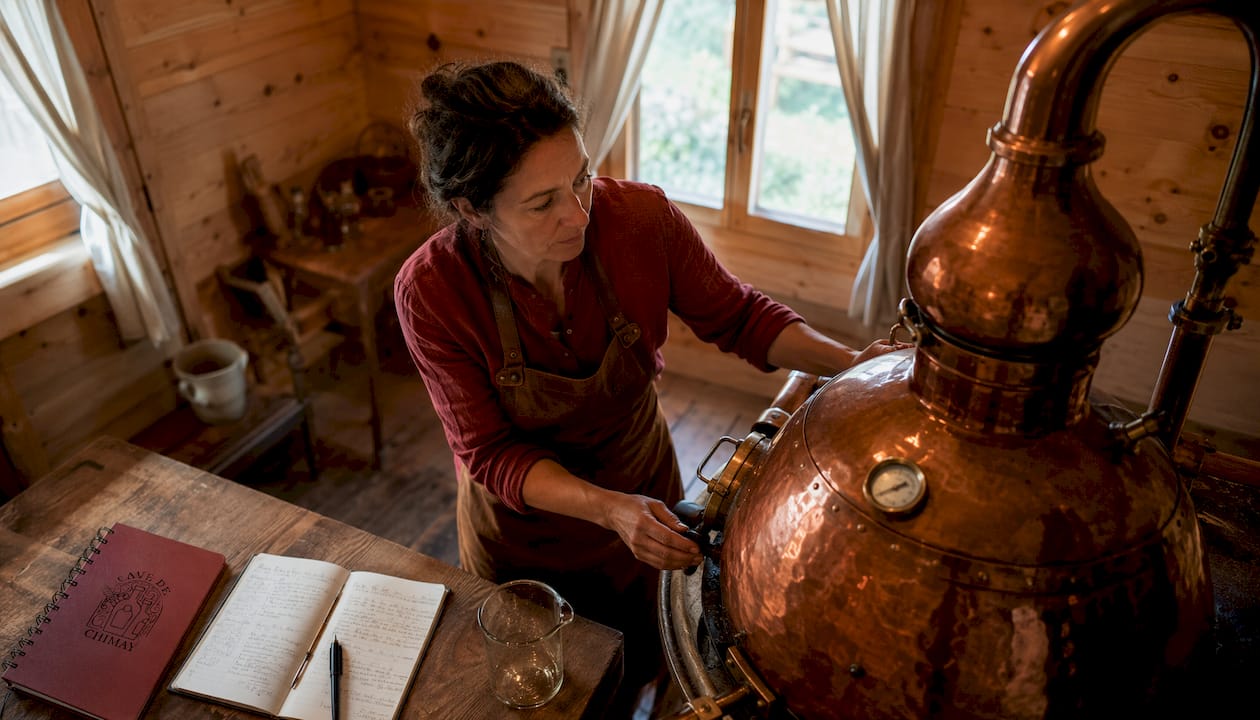 Une artisane distillatrice en pleine création dans son atelier
