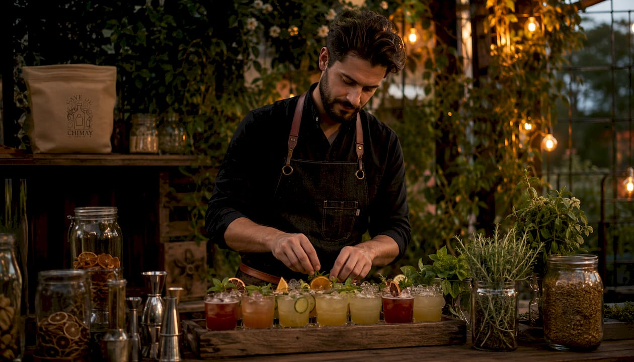 Un barman dispose avec soin des cocktails haut de gamme sur un plateau, prêt à les servir.