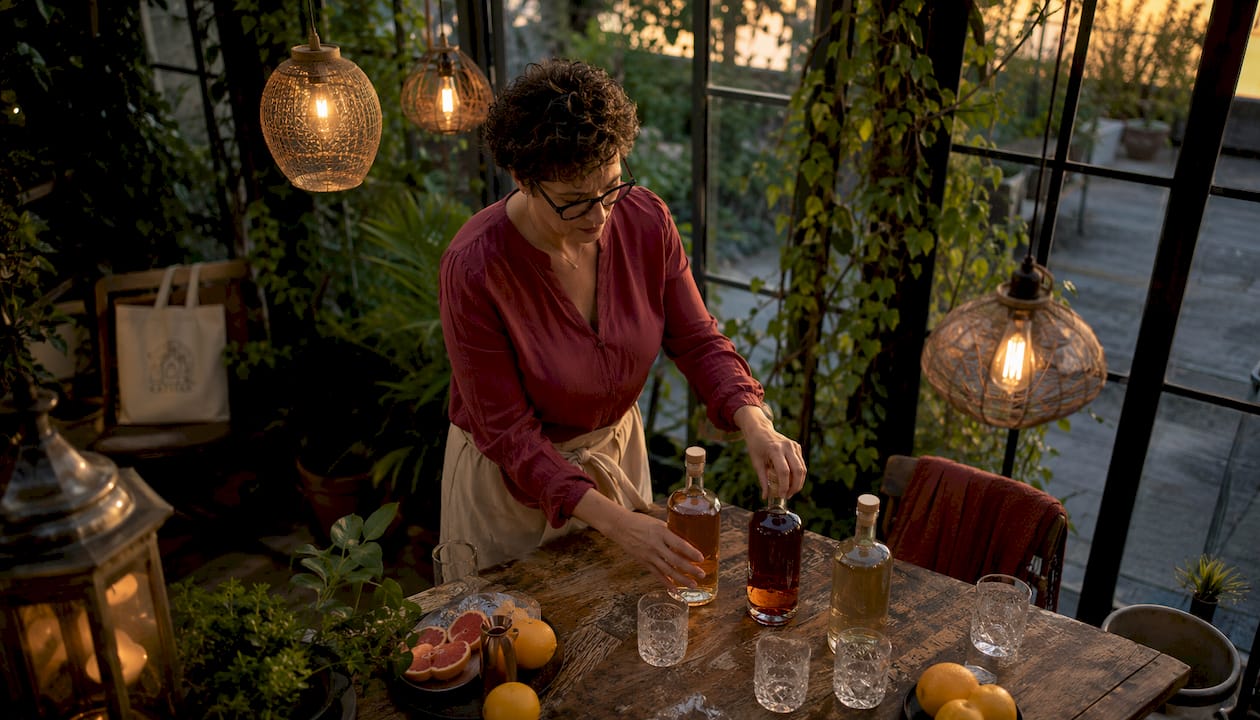 Une femme dispose soigneusement des bouteilles de spiritueux artisanaux sur le comptoir de son bar à la maison.