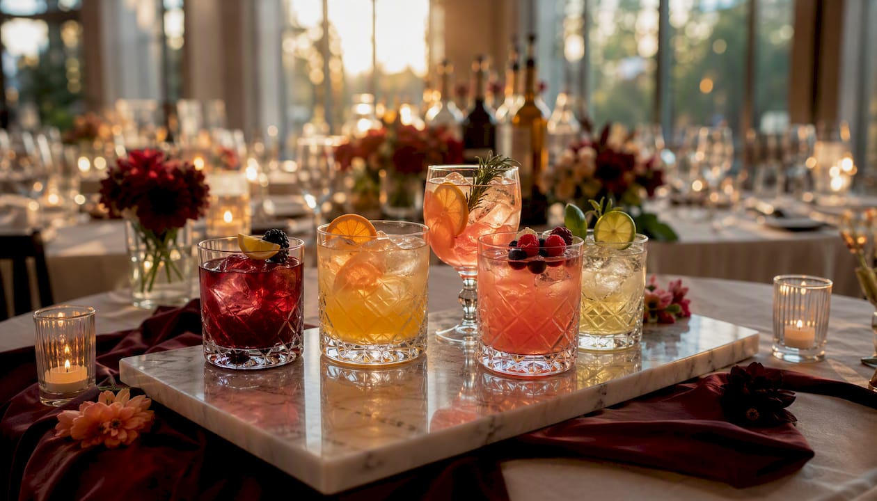 Une sélection raffinée de cocktails soigneusement disposés sur la table de réception.