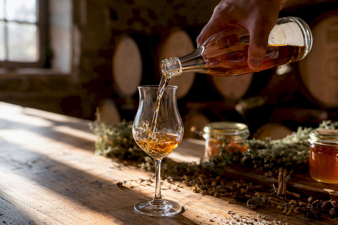 Verser du rhum artisanal belge dans un verre tulipe
