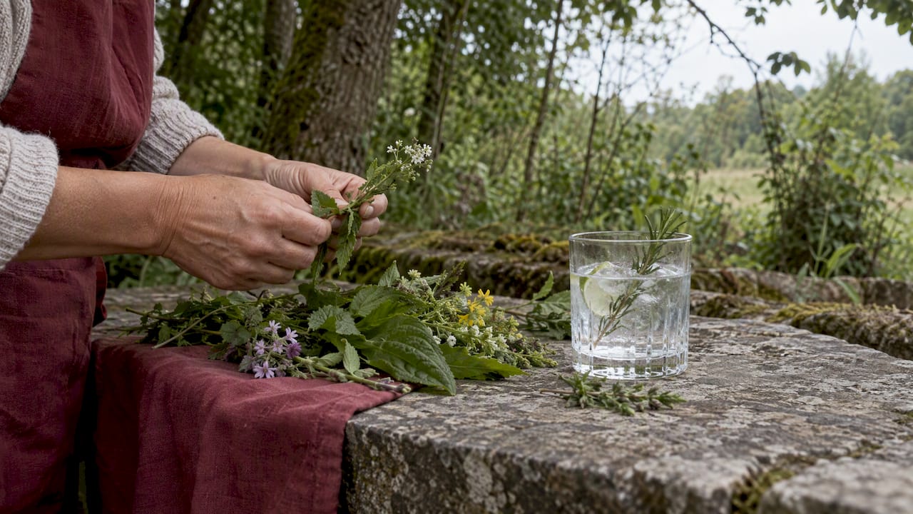 Un verre de gin entouré de plantes sauvages
