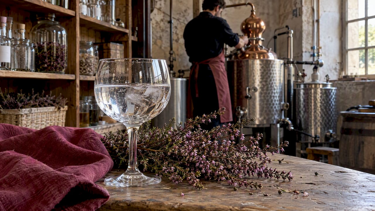 Un verre de gin servi avec de la bruyère